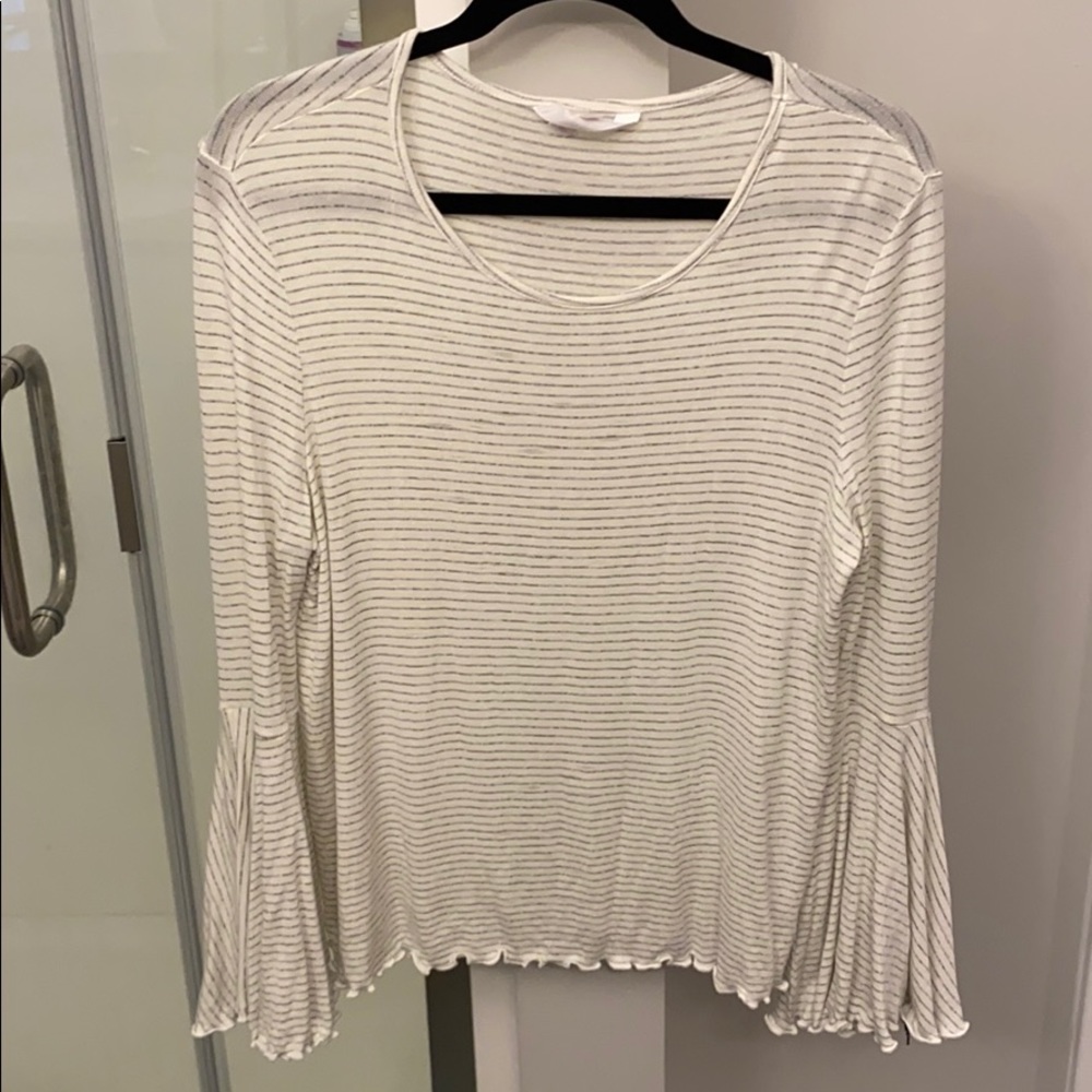 Bell sleeved white and grey striped long sleeve